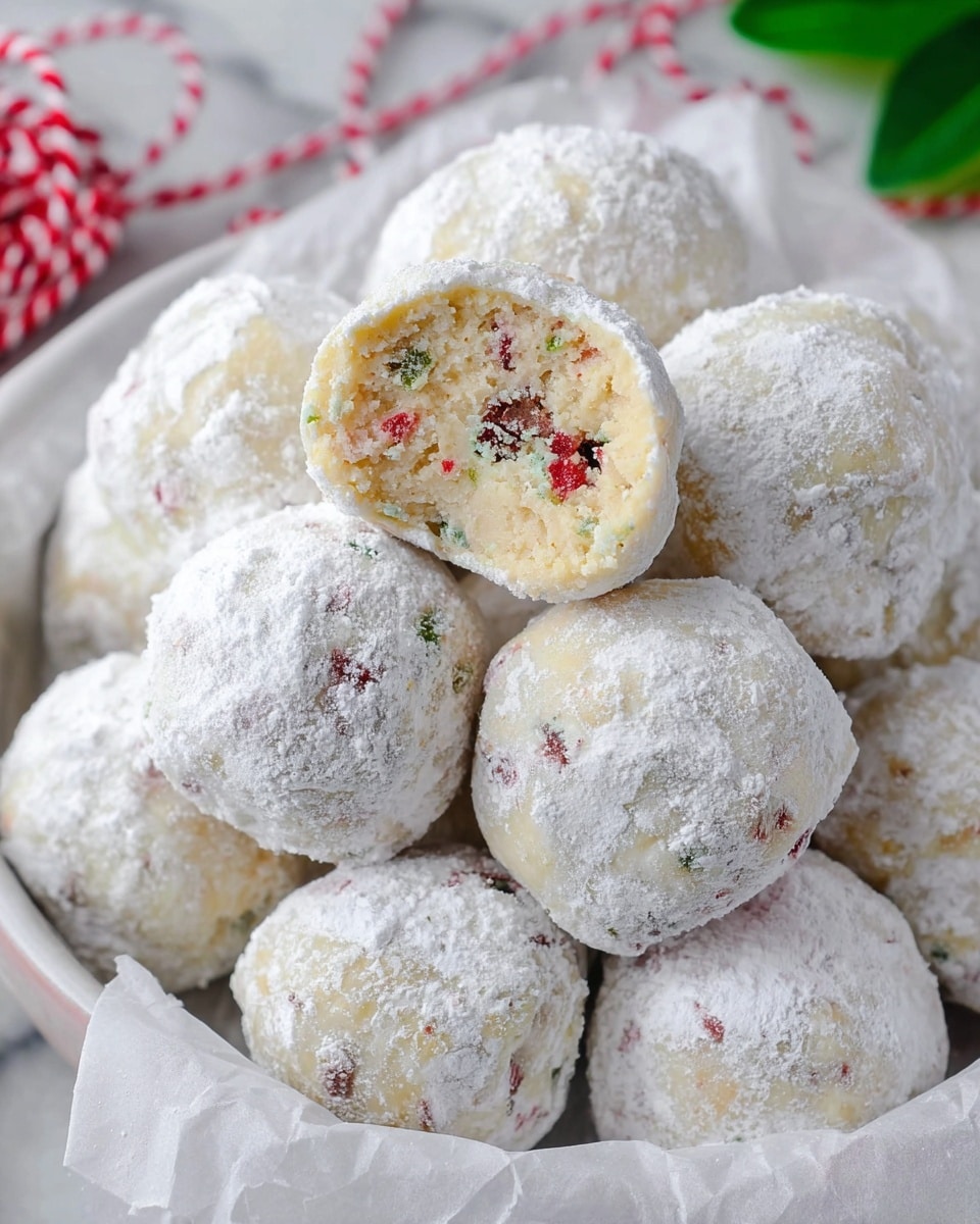The image shows many round cookie balls covered in a thick layer of white powdered sugar. One cookie ball is broken in half, revealing a creamy beige interior with small bits of red and green mixed in, showing a textured look inside. The cookie balls are piled closely together on a piece of white paper inside a white bowl with a red and white striped string nearby. The background surface has a white marbled texture with part of a green leaf visible in the top right corner. Photo taken with an iphone --ar 4:5 --v 7