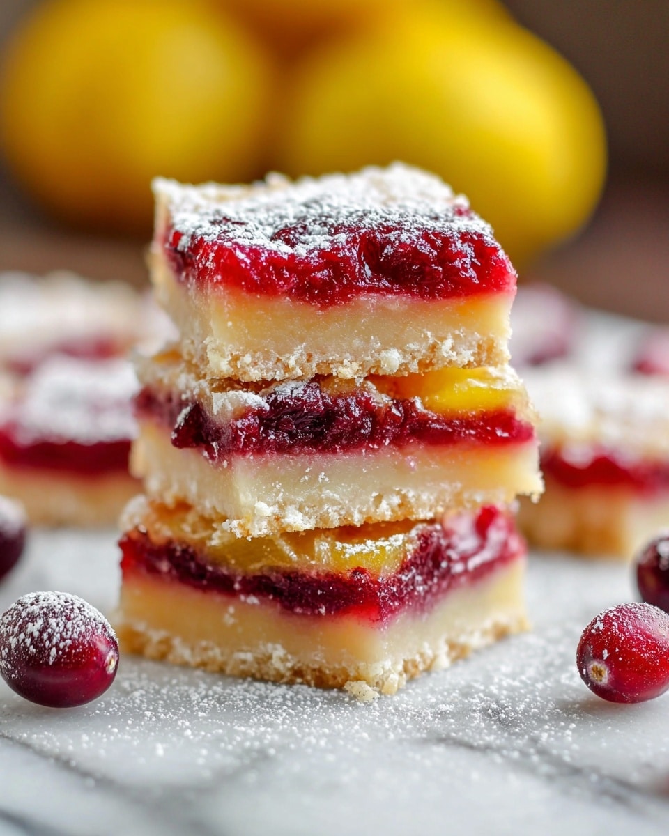 The image shows a stack of three square lemon cranberry bars on a white marbled textured surface. Each bar has three visible layers: a pale, crumbly base at the bottom, a bright red cranberry layer in the middle with a glossy, juicy texture, and a shiny yellow lemon layer on top. The bars are dusted lightly with white powdered sugar. There are fresh cranberries scattered around the bars, and blurred yellow lemons are visible in the background. photo taken with an iphone --ar 4:5 --v 7