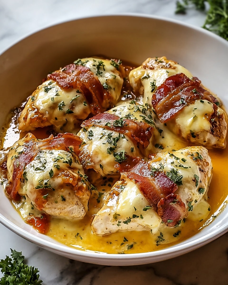 In a white bowl, four pieces of cooked chicken are arranged side by side, each topped with a golden, melted cheese layer and a strip of crispy, browned bacon. The chicken has a juicy light brown color, partially covered by the creamy, slightly bubbly cheese layer. Fresh green herbs are sprinkled over the top, adding small flecks of texture and color. A shiny, orange-yellow sauce pools around the chicken, giving a warm and rich look. The whole dish rests on a white marbled surface. Photo taken with an iphone --ar 4:5 --v 7
