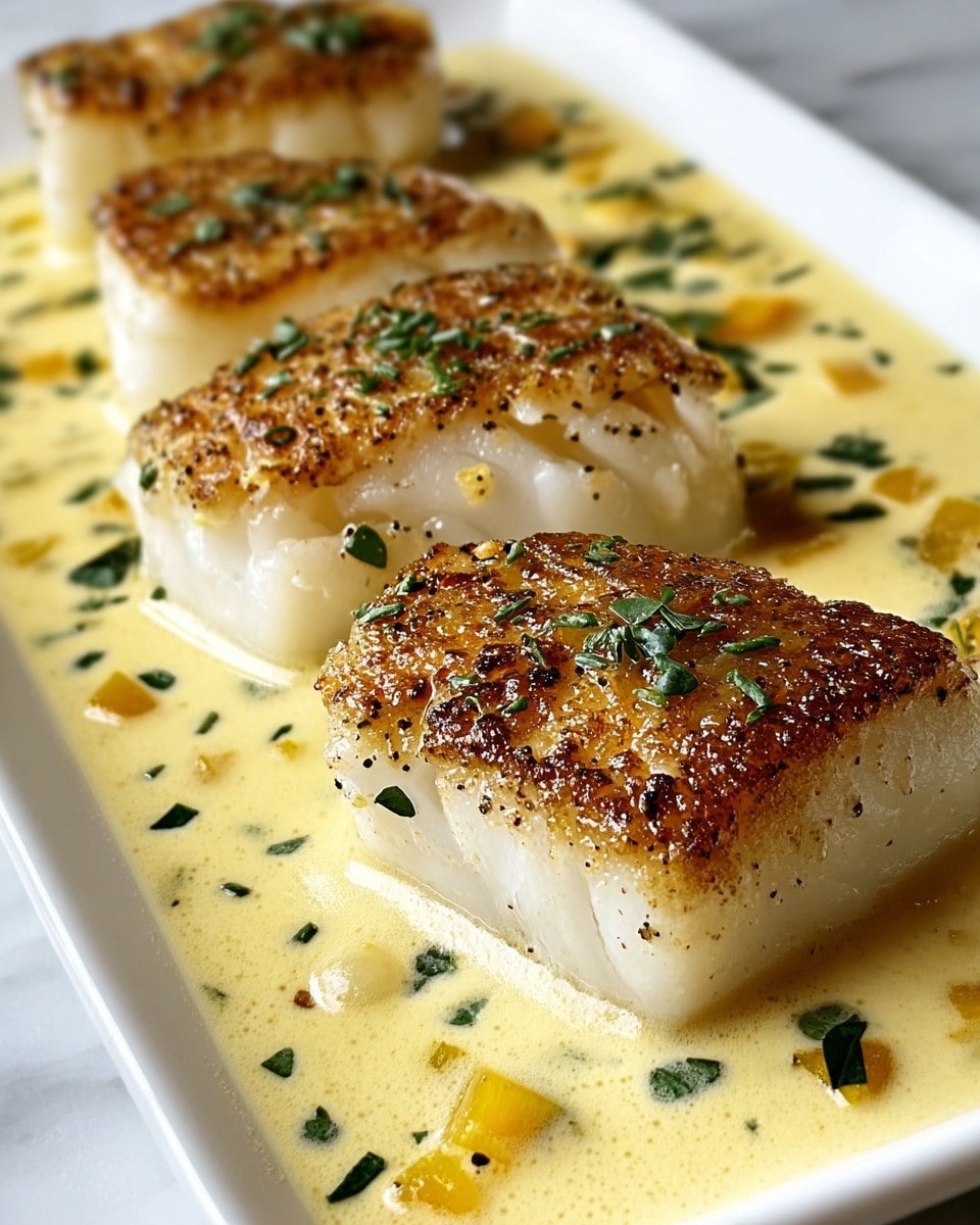 The image shows several pieces of fish with a golden-brown, crispy top layer resting in a creamy yellow sauce. The fish looks soft and white underneath the browned crust. The sauce has small green herb pieces and yellow bits spread around it, adding color. The fish pieces are arranged in a white dish placed on a white marbled surface, visible around the edges. The close-up view highlights the texture of the crispy fish tops and the smooth, rich sauce. photo taken with an iphone --ar 4:5 --v 7