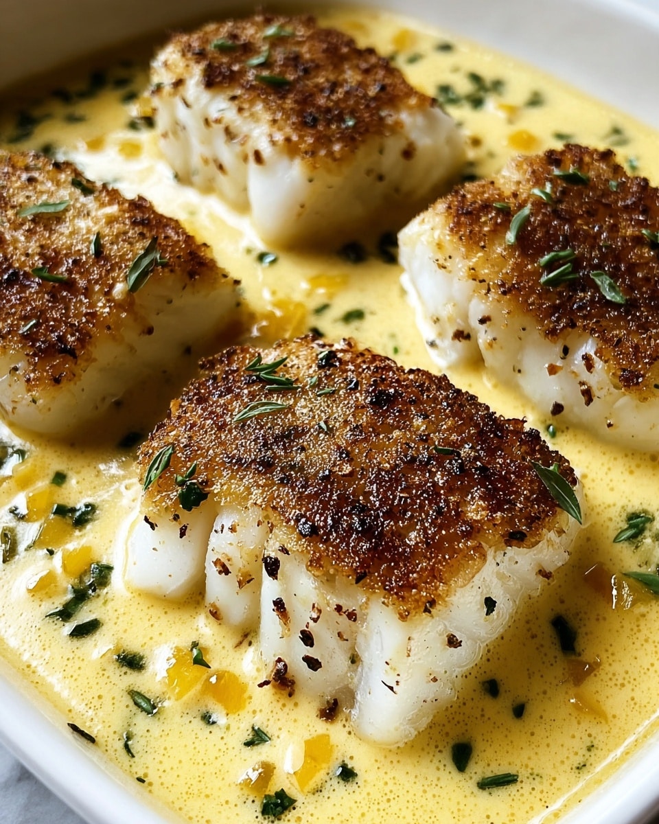 The image shows four pieces of cooked white fish with a golden-brown crust on top. Each piece appears thick and flaky, sitting in a light yellow creamy sauce that has small green herb bits and tiny yellow vegetable pieces scattered around. The fish pieces are arranged on a white rectangular plate that rests on a white marbled surface. The sauce has a smooth texture with tiny specks of seasoning, complementing the crispy, browned surface of the fish. photo taken with an iphone --ar 4:5 --v 7
