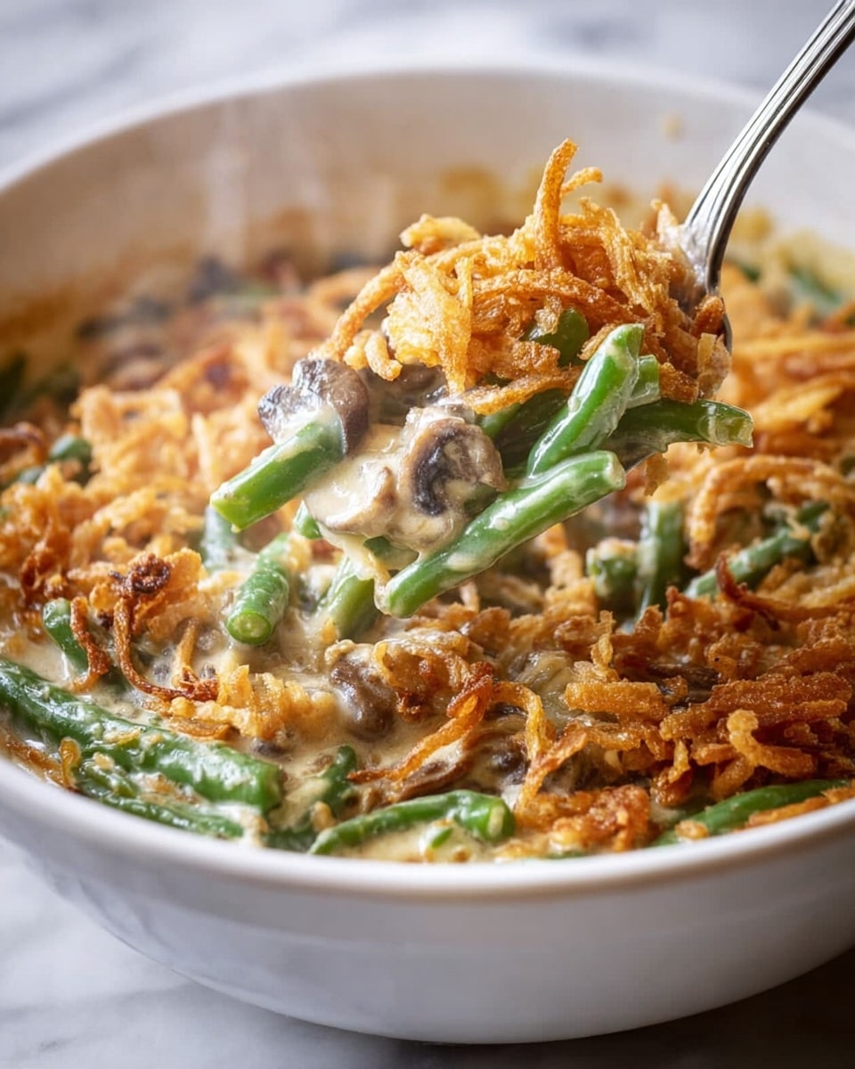 A white bowl filled with a creamy green bean casserole showing three layers: the bottom layer of bright green beans, the middle layer of thick, light beige creamy sauce mixed with small pieces of mushrooms, and the top layer covered with a generous amount of crispy golden brown fried onions. Steam rises from the dish, indicating it is hot, and a silver spoon lifts a portion of the casserole, highlighting the texture of the creamy sauce and fried onions. The bowl sits on a white marbled surface. photo taken with an iphone --ar 4:5 --v 7