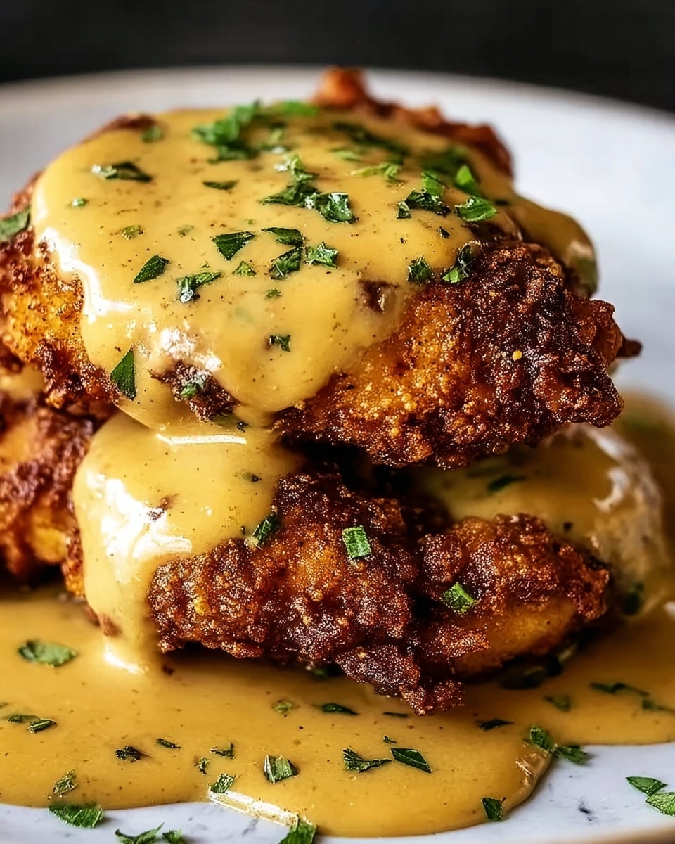 This image shows a close-up of two pieces of fried chicken stacked on a white plate, each piece covered in a thick, creamy golden-brown gravy that drips down the sides. The chicken has a crispy, deep brown crust with a rough texture. Small green herb pieces are sprinkled on top of the gravy and around the plate, adding color contrast. The background is a white marbled surface. photo taken with an iphone --ar 4:5 --v 7