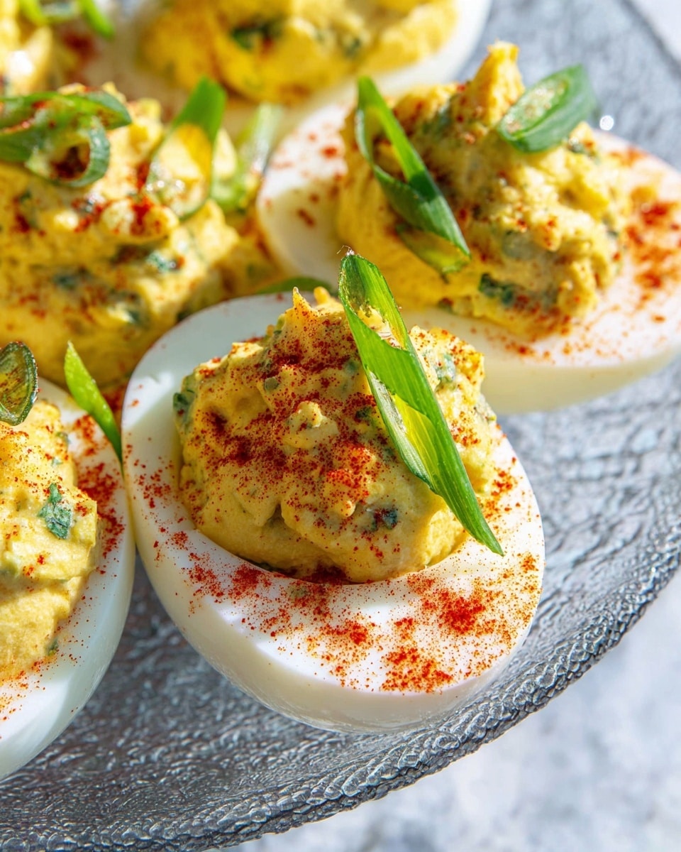A close-up view of several deviled eggs arranged in a clear textured bowl on a white marbled surface. Each egg has two layers: the first layer is the smooth white egg white, which acts as the base, and the second layer is a generous, creamy yellow filling with bits of green herbs mixed in. The filling has a slightly rough texture and is dusted with red paprika powder, adding a vibrant color contrast. Some deviled eggs are garnished with green onion pieces, curved gently on top, giving a fresh look to the dish. Photo taken with an iphone --ar 4:5 --v 7