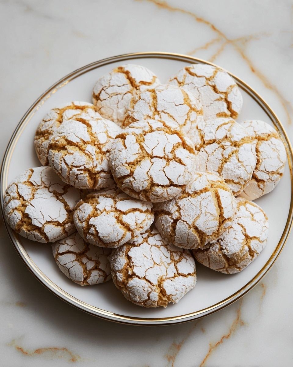 A white plate with a thin gold rim holds seven round cookies that have a cracked surface covered in white powdered sugar, showing the golden-brown dough underneath in the cracks. Above the plate, to the right, is a white cup filled with dark black coffee, with steam rising from the surface. The background is a white marbled texture with light beige and brown spots. photo taken with an iphone --ar 4:5 --v 7