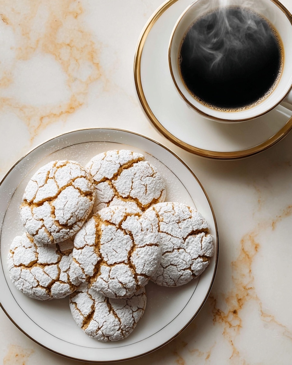 A white plate with a thin gold rim is filled with about a dozen round cookies, all lightly cracked on the surface. Each cookie has a golden-brown base with a dusting of white powdered sugar that settles into the cracks, creating a striking pattern of light and dark lines. The cookies are stacked loosely, some overlapping others, showing their soft, slightly rough texture. The plate sits on a white marbled surface with faint gray and gold veins, adding an elegant background. Photo taken with an iphone --ar 4:5 --v 7