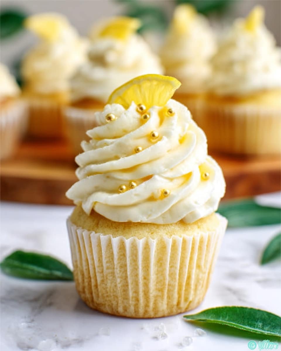 The image shows a single yellow cupcake in a white cupcake liner sitting on a white marbled surface with green leaves in the background. The cupcake has three tall, thick layers of creamy white frosting spiraled on top, with a smooth and slightly shiny texture. On the frosting's peak, there is a small yellow lemon slice as decoration, along with tiny gold sugar pearls scattered around. The background shows multiple blurry cupcakes with similar frosting, resting on a wooden board. photo taken with an iphone --ar 4:5 --v 7