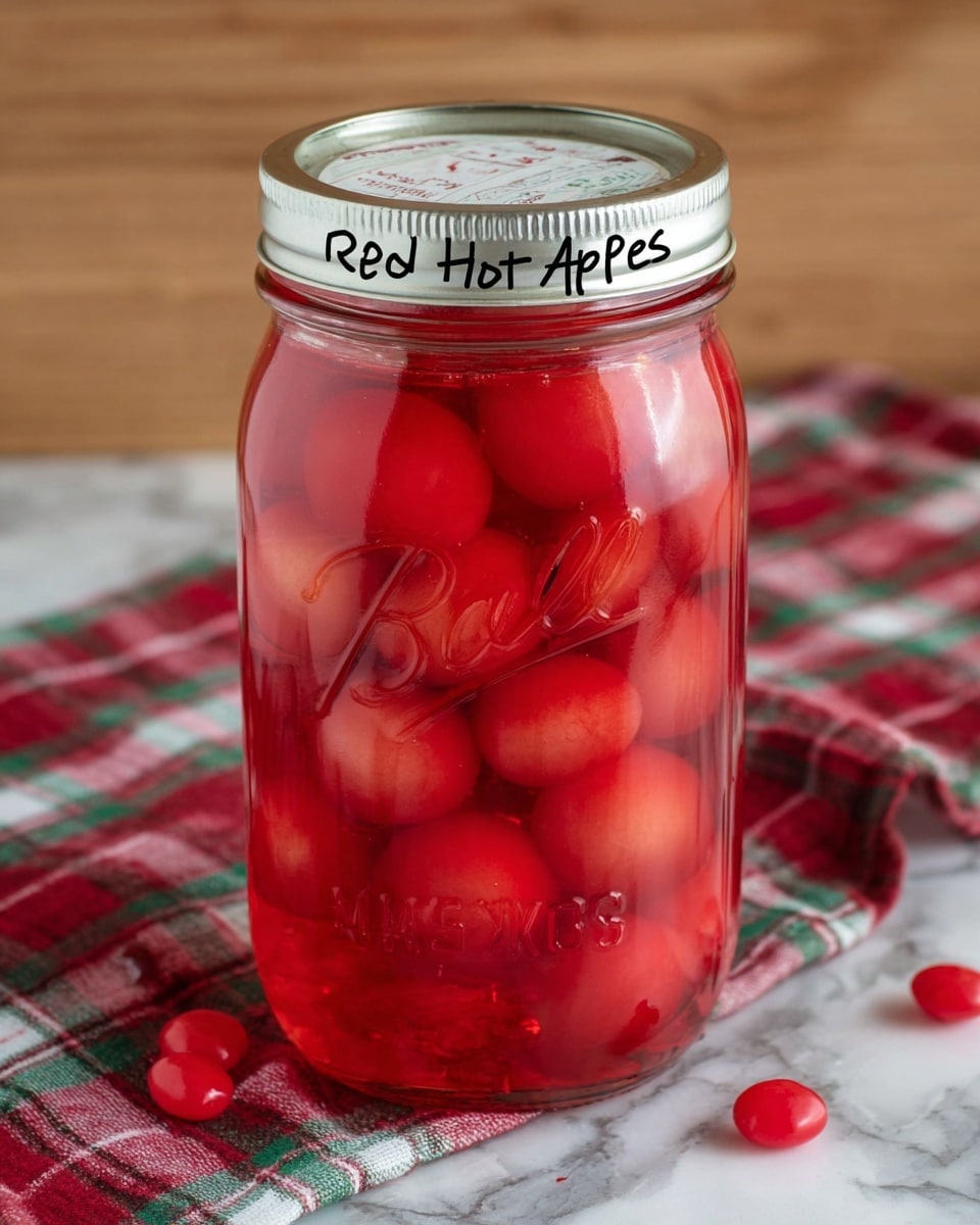 The image shows two white dishes filled with bright red, glossy poached apples in syrup. One is a deep white bowl on the right, filled with several whole poached apple pieces, smooth and shiny, with some syrup coating the edges. The other is a smaller white plate with a white bowl on top of it, each containing more poached apple pieces in syrup; a spoon lifting a large, shiny piece from the bowl is visible. The background is a blue patterned cloth on a white marbled surface, with an apple and small red berries scattered around. Photo taken with an iphone --ar 4:5 --v 7
