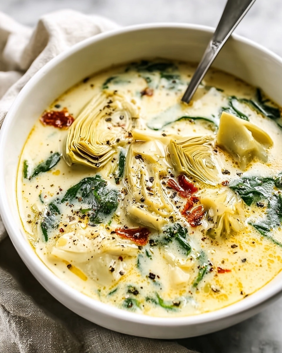 A white bowl filled with creamy soup showing multiple layers: a pale yellow creamy broth with smooth texture, light green spinach leaves floating on the surface, pieces of pale green artichoke hearts layered visibly, small reddish chunks scattered for color contrast, and a light sprinkle of black pepper peppered over the top. A silver spoon rests inside the bowl. The bowl is placed on a white marbled texture surface with a soft linen cloth partly beneath it. photo taken with an iphone --ar 4:5 --v 7