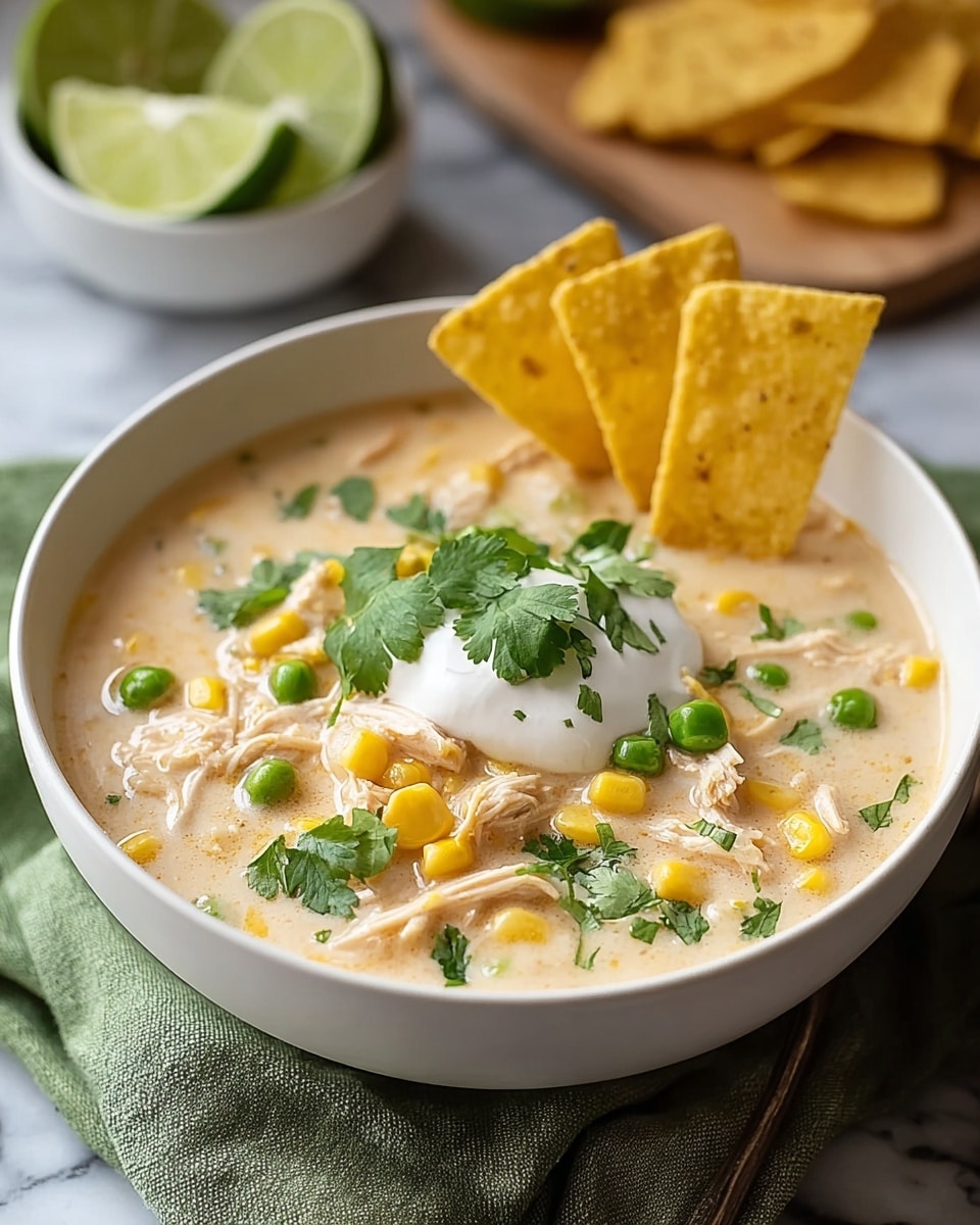 A white bowl filled with creamy light beige soup containing shredded chicken pieces, bright yellow corn kernels, and round green peas. On top, there is a dollop of white sour cream garnished with fresh green cilantro leaves. Three triangular yellow tortilla chips are standing upright on one side of the bowl. The bowl is placed on a green and white cloth over a white marbled surface. In the background, a white bowl with lime wedges and a wooden board with more tortilla chips are slightly blurred. photo taken with an iphone --ar 4:5 --v 7