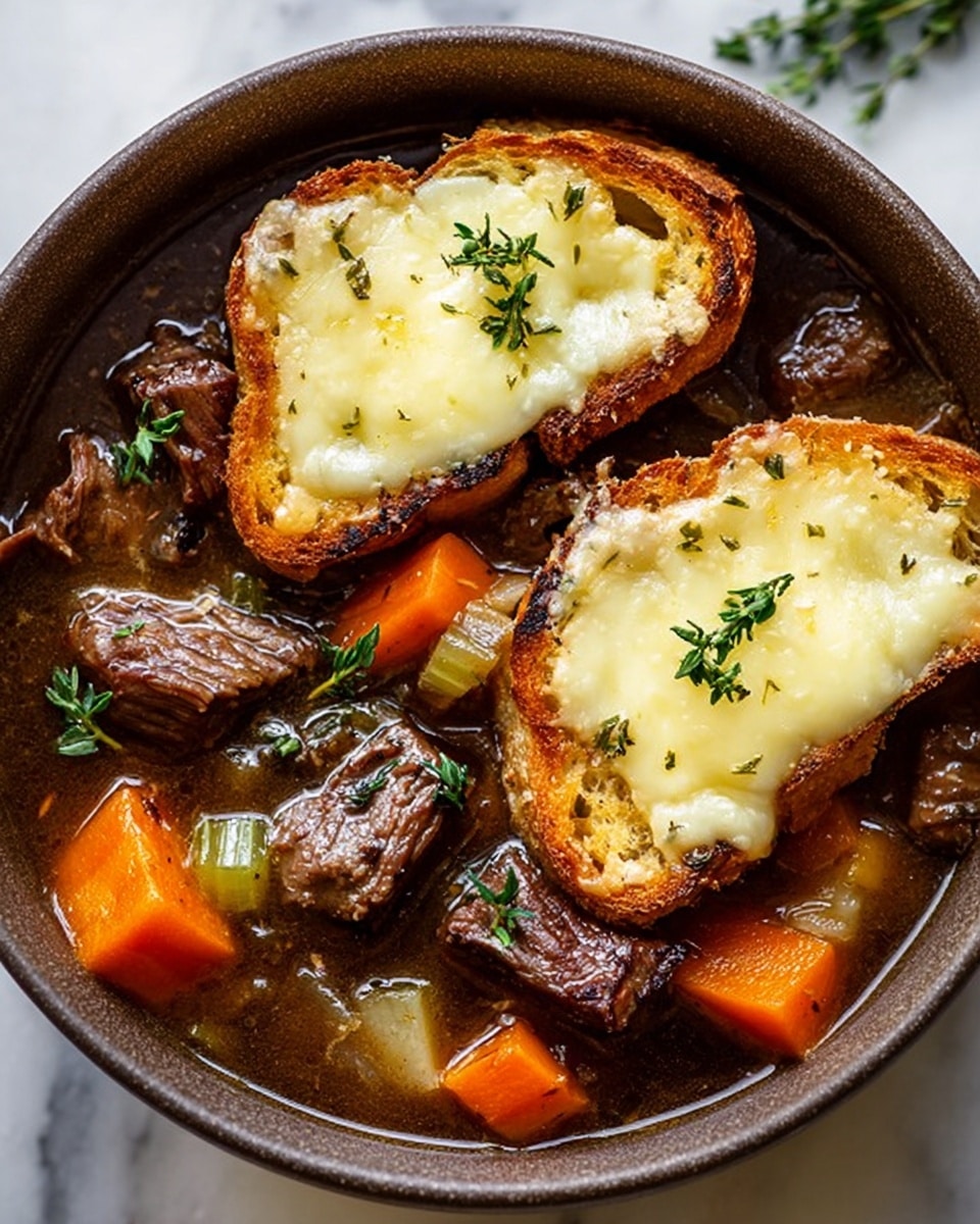 A deep bowl filled with dark brown beef stew containing tender chunks of beef, orange carrot pieces, and light green celery bits, all in a thick broth. On top, two slices of toasted white bread are placed side by side, each covered with melted pale yellow cheese that looks creamy, and each slice is garnished with a small sprig of fresh green thyme. The bowl is placed on a white marbled surface, creating a clean contrast to the rich colors of the stew. Photo taken with an iphone --ar 4:5 --v 7