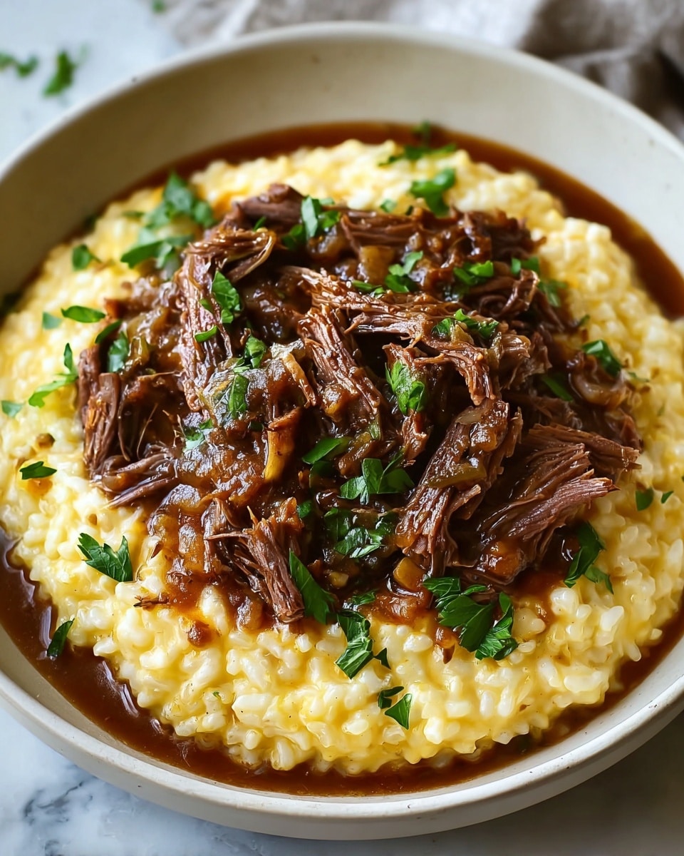 A white bowl filled with two main layers: the bottom layer is creamy yellow risotto with a soft, thick texture, while the top layer is tender, shredded beef covered in a rich, dark brown sauce with visible herbs and small vegetable pieces. The beef is garnished with small green parsley leaves scattered evenly on top, and the dish sits on a white marbled surface. photo taken with an iphone --ar 4:5 --v 7