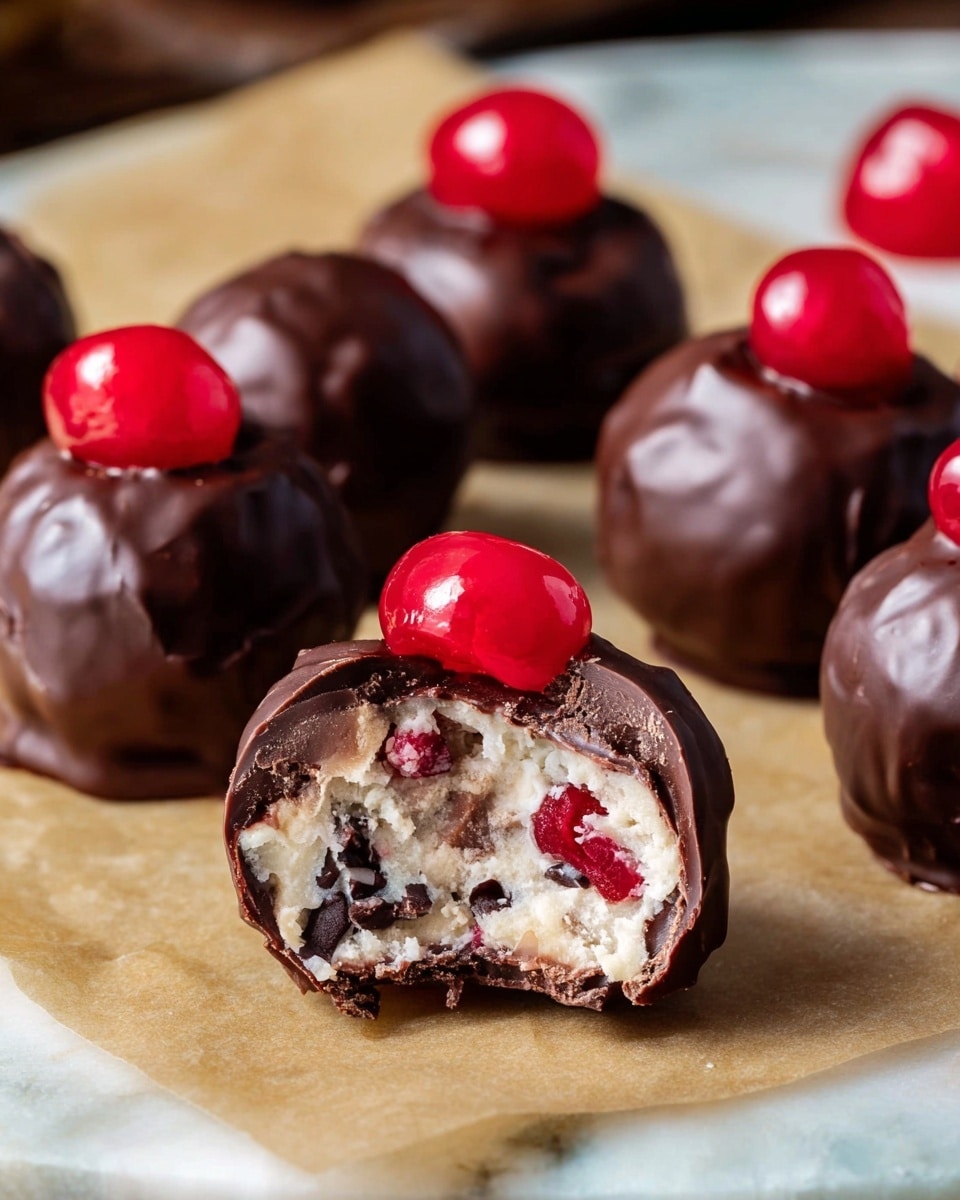 The image shows several chocolate-covered dessert balls arranged on light brown parchment paper over a white marbled surface. Each ball has three layers: the outer layer is a smooth, shiny dark chocolate shell with a slightly uneven texture; inside is a creamy white filling mixed with small bits of red and light brown pieces; on top of each ball sits a glossy bright red cherry as the third visible layer. One ball in the front has a bite taken out, revealing the white mixed filling beneath the dark chocolate shell. Photo taken with an iphone --ar 4:5 --v 7