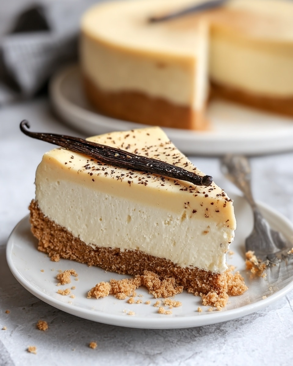 A close-up of a slice of cheesecake on a white plate, set against a white marbled texture. The cheesecake has three distinct layers: a thick, crumbly light brown base made of crushed biscuits, a smooth, creamy white middle layer of cheesecake filling, and a slightly darker creamy top layer with tiny brown specks scattered across it. A whole vanilla bean pod rests on the top layer near the edge of the slice. There are some crumbs scattered on the plate around the slice, and a silver fork lies beside it. In the background, a full cheesecake with a similar three-layer structure is slightly out of focus on another white plate. photo taken with an iphone --ar 4:5 --v 7