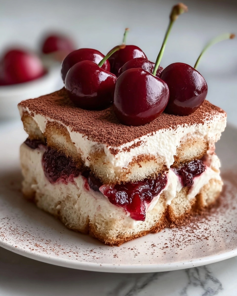 A square piece of cherry tiramisu sits on a white plate over a white marbled surface. The dessert has three visible layers: the bottom is a light brown sponge cake base, the middle layer is thick white cream mixed with dark red cherry filling, and the top is a smooth layer of white cream dusted with brown cocoa powder. On top of the tiramisu, five fresh dark red cherries with stems are grouped together, adding a glossy finish to the dessert. The edges of the tiramisu are slightly uneven, showing the creamy texture. Photo taken with an iphone --ar 4:5 --v 7