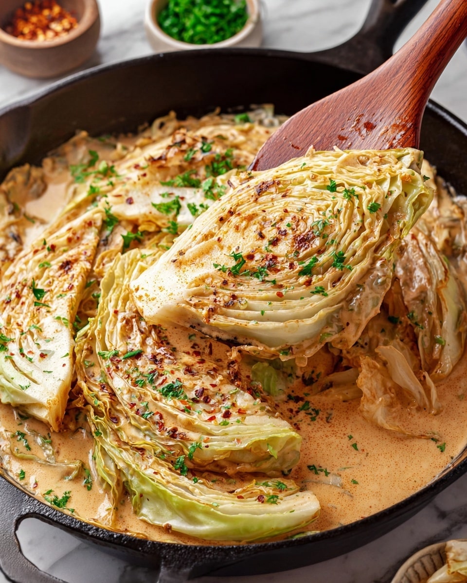 The image shows a black cast iron skillet filled with thick wedges of roasted cabbage, each wedge having several pale green and white layers with browned, slightly crispy edges. The cabbage sits in a creamy, tan-colored sauce that pools at the bottom of the skillet. Bright green parsley pieces and small red flakes of seasoning sprinkle the dish evenly, adding contrast. A wooden spatula is lifting one wedge above the skillet, showing the glossy sauce coating and some melted grated cheese on top. The skillet rests on a white marbled texture surface with a few small bowls partially visible around it. photo taken with an iphone --ar 4:5 --v 7