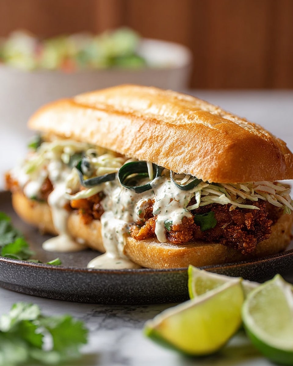 A sandwich with three visible layers: the top layer is a golden-brown toasted baguette, smooth and slightly shiny; the middle layer is crispy fried chicken coated with a dark reddish-brown spicy seasoning; drizzled over the chicken is a creamy sauce with specks of green herbs; on top of the sauce, there is shredded white cabbage and dark green leafy vegetable strips. The sandwich sits on a dark plate with a rough texture. In front of the plate, out of focus, are two lime wedges and some green leaves, all placed on a white marbled surface. In the background, there is a blurred white bowl with a salad. Photo taken with an iphone --ar 4:5 --v 7