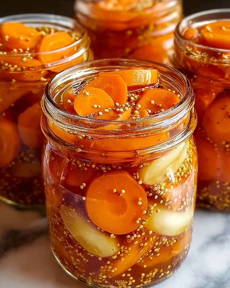 The image shows a close-up of three clear glass jars filled with thin carrot slices and small mustard seeds in a liquid brine. The carrot slices are bright orange with some white-yellow slices mixed in, tightly packed in layers inside the jar. Tiny black, white, and yellow mustard seeds are scattered throughout the jar, floating in the translucent light amber liquid. The background is a white marbled texture, which contrasts with the warm colors of the pickled carrots. The depth and sharp focus on the front jar highlight the texture of the carrots and seeds while the other jars blur softly behind it. photo taken with an iphone --ar 4:5 --v 7