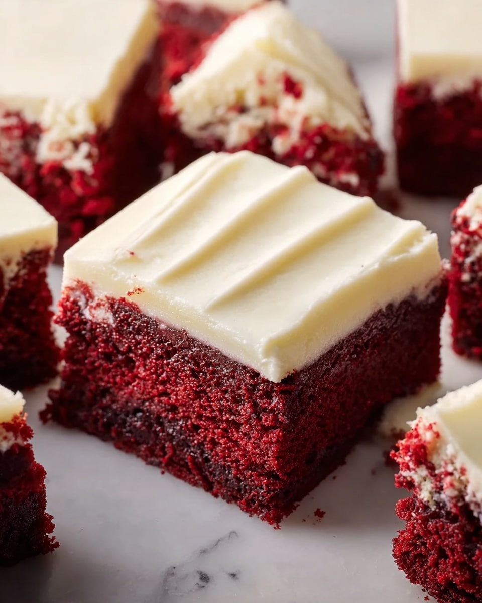 The image shows close-up square slices of red velvet cake, each piece with two layers: a deep red, moist and slightly crumbly bottom layer and a thick creamy white frosting layer on top. The frosting is smooth with gentle ridges, and the red velvet layer contrasts sharply with the frosting. The cakes are placed closely on a white marbled surface. One piece is tilted, showing the side view with the clear distinction between the red bottom and white frosting top. photo taken with an iphone --ar 4:5 --v 7