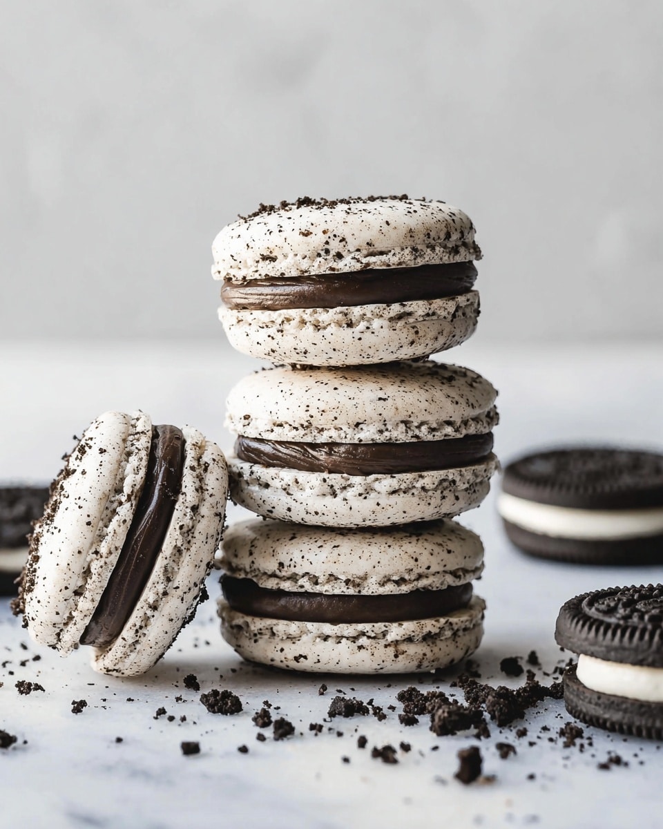 The image shows a stack of three cookies and cream macarons with a textured white shell flecked with black specks and a smooth, thick, dark chocolate filling in the middle. One macaron leans against the stack on the left, and three classic dark chocolate sandwich cookies with a white creamy layer are arranged vertically on the right. Crumbs of crushed cookies are scattered around the white marbled surface, adding contrast to the clean background. The photo is taken close up, focusing on the details of the macaron shells and filling, emphasizing their texture and color contrast. photo taken with an iphone --ar 4:5 --v 7