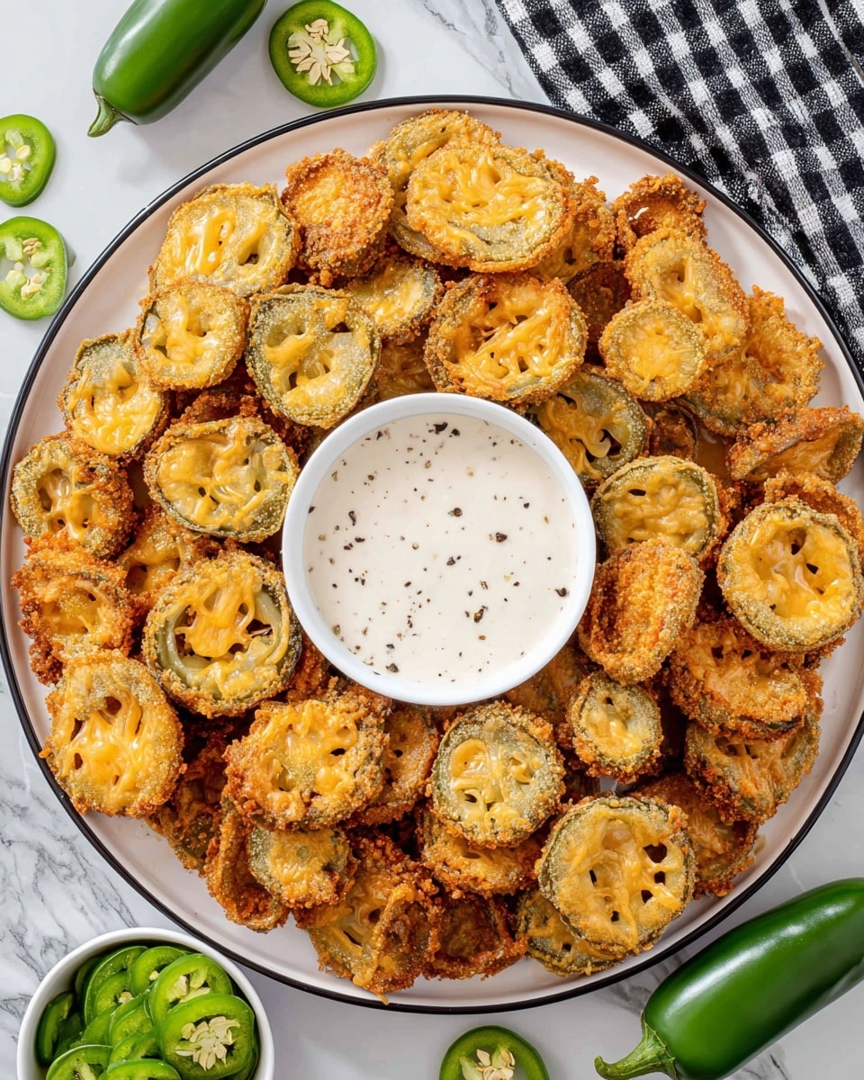 A large white plate with a black rim holds a circle of deep-fried jalapeño slices, each coated in a golden, crispy batter with some melted cheese visible on top. In the center of the circle is a small white bowl filled with creamy white ranch dip speckled with black pepper. Around the plate, whole and sliced green jalapeños are scattered on a white marbled surface, along with a black and white checkered cloth. photo taken with an iphone --ar 4:5 --v 7