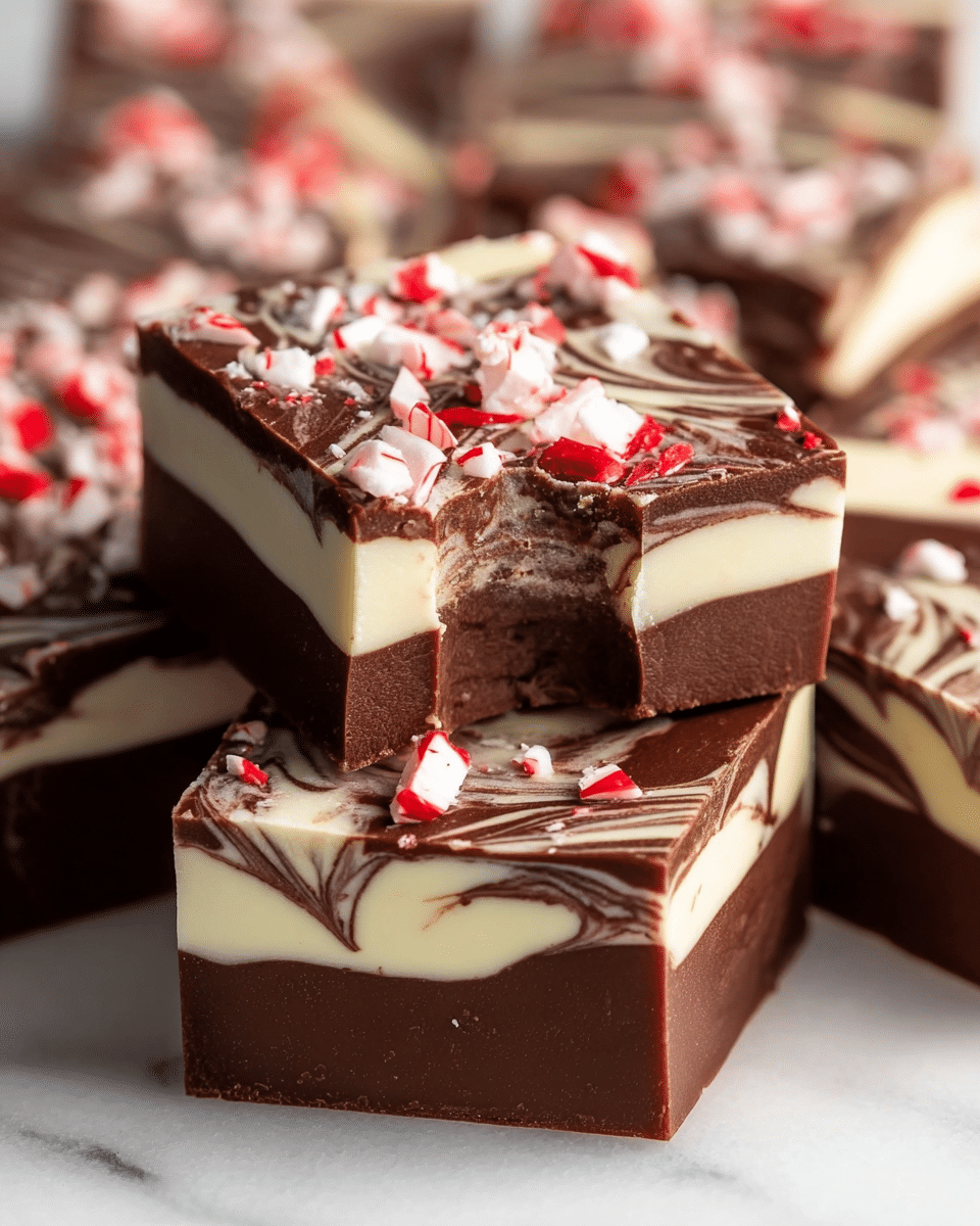 The image shows square pieces of layered fudge with two main layers swirled together: a smooth dark brown chocolate layer and a creamy white chocolate layer, creating a marbled pattern throughout. The top layer is dark chocolate with crushed white and red peppermint candy pieces scattered on top. The fudge squares have clean cut edges, and one piece on top has a small bite taken out, revealing the texture inside. All pieces are placed closely together on a white marbled surface. Photo taken with an iphone --ar 4:5 --v 7