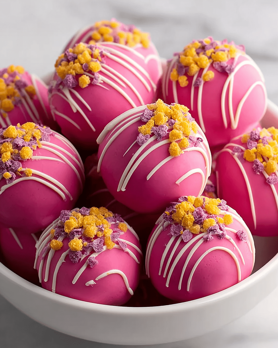 A white bowl filled with round, smooth truffles that have a bright pink outer layer. Each truffle shows thin white lines drizzled across them in a random pattern. On top of each truffle, there are small clusters of textured yellow and purple sprinkles, adding a crunchy look. The truffles are tightly packed together, making the bowl appear full and colorful, all placed on a white marbled surface. photo taken with an iphone --ar 4:5 --v 7