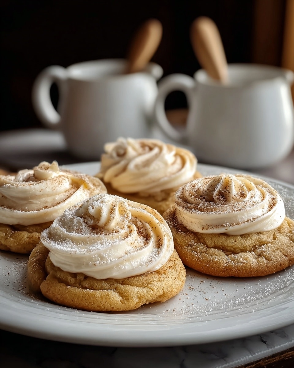 A white plate holds four golden brown cookies with a soft, slightly cracked texture. Each cookie has a swirl of light cream-colored frosting on top, decorated with a dusting of fine white powdered sugar and a sprinkling of brown cinnamon powder. The background shows two white pitchers with wooden spoons inside, set against a dark, softly blurred backdrop, with the plate resting on a white marbled surface. Photo taken with an iphone --ar 4:5 --v 7