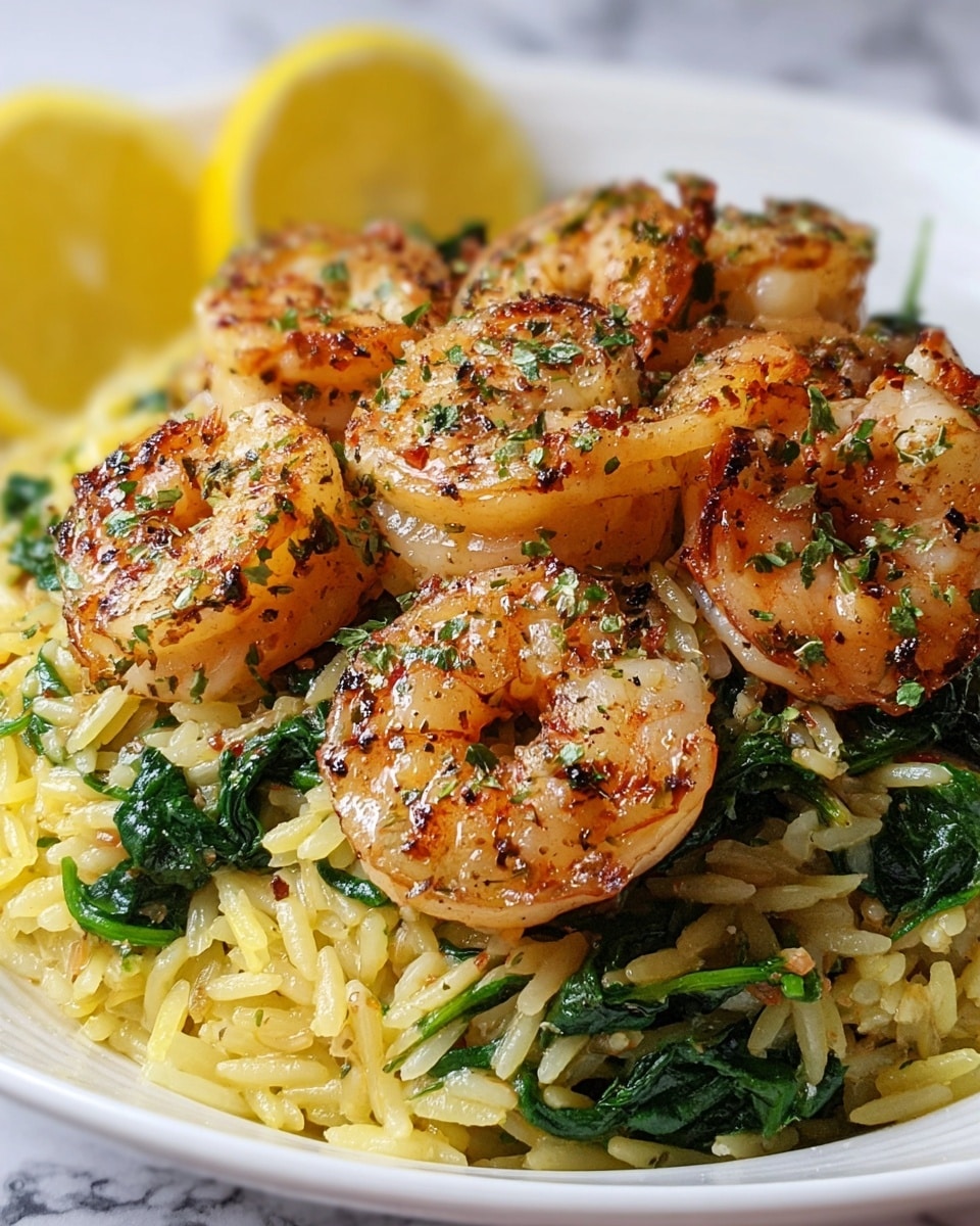 The dish shows six cooked shrimp with light golden brown char marks and sprinkled herbs, arranged on top of a bed of yellow orzo pasta mixed with wilted green spinach leaves. The shrimp have a slightly glossy texture, and the orzo is mixed evenly with bits of green herbs. In the background, two yellow lemon halves sit on the side of the white plate. The whole dish rests on a white marbled surface. photo taken with an iphone --ar 4:5 --v 7