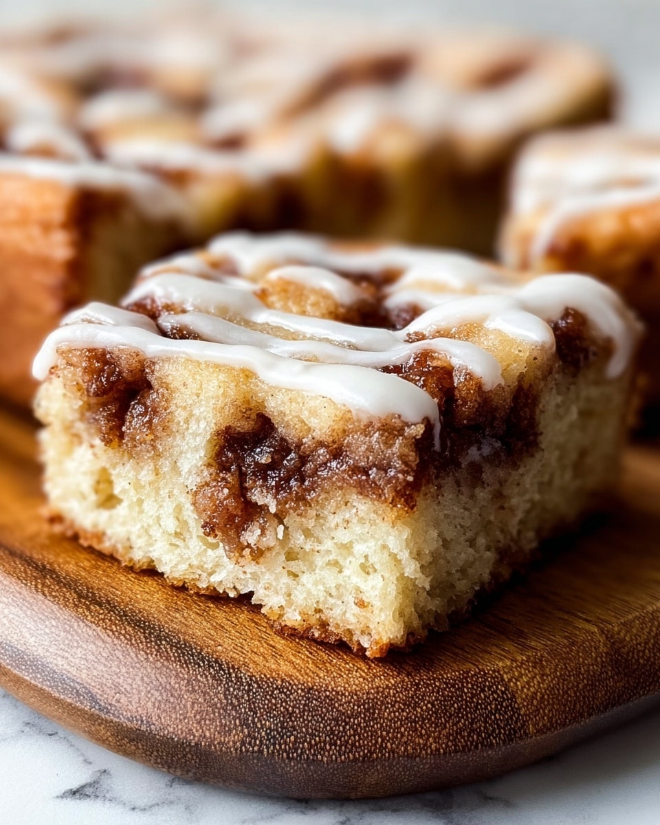 A close-up view of a square piece of cinnamon roll cake resting on a wooden board with a white marbled texture in the background. The cake has three visible layers: a light golden brown baked dough base, a middle layer filled with gooey, dark brown cinnamon sugar filling with a slightly melted texture, and a top layer covered with a white, slightly glossy icing drizzled in stripes. Small pieces of cinnamon filling peek through the top dough layer, adding texture and contrast to the soft, fluffy cake. Photo taken with an iphone --ar 4:5 --v 7