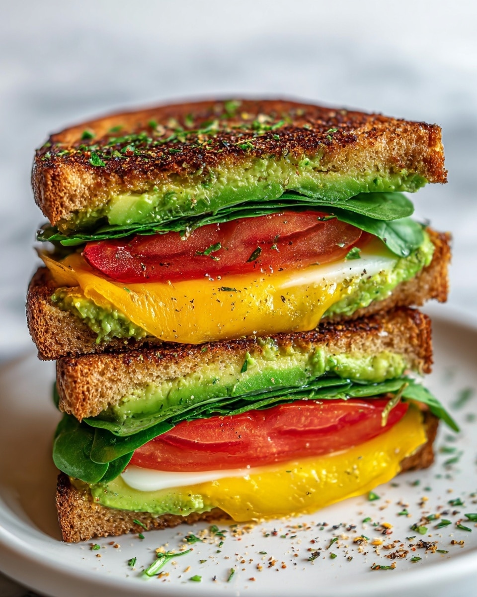 A toasted sandwich cut in half and stacked on a white plate with a white marbled background, showing five visible layers per half. The top and bottom layers are golden-brown toasted bread with a crispy texture and sprinkled green herbs. The second layer is bright green mashed avocado spread thickly on the bread, with a smooth yet slightly chunky texture. Below the avocado is fresh spinach leaves, dark green and slightly glossy, lying flat and peeking out. Next, there are bright red tomato slices with small black pepper flakes scattered on them, soft but firm in texture. The fourth layer consists of a white layer of melted cheese with a gooey texture, followed by a yellow melted cheese layer beneath that, completing the filling with smooth and creamy textures. Small bits of herbs and pepper are scattered around the plate. photo taken with an iphone --ar 4:5 --v 7