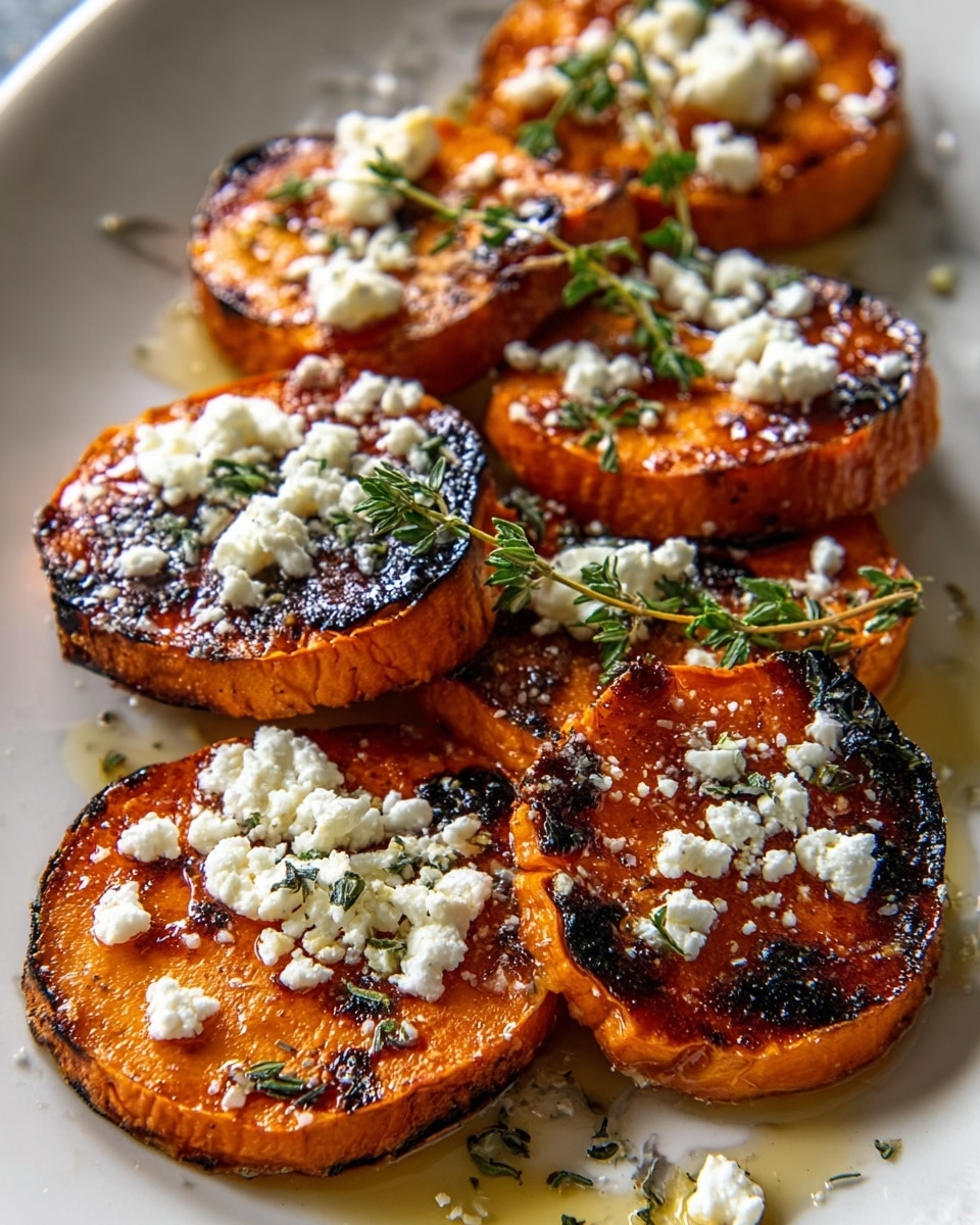 The image shows seven grilled sweet potato slices on a white plate, each slice thick with a bright orange color and charred dark edges. The sweet potatoes have a shiny glaze that catches the light, giving a slightly sticky look. White crumbled cheese is sprinkled evenly over each slice, with some pieces scattered around the plate. Fresh green herb sprigs, likely thyme, lay on top and between the sweet potato slices, adding a fresh contrast. The plate is on a white marbled surface, and the photo captures the dish closely with clear details on the texture of the potato and cheese. photo taken with an iphone --ar 4:5 --v 7