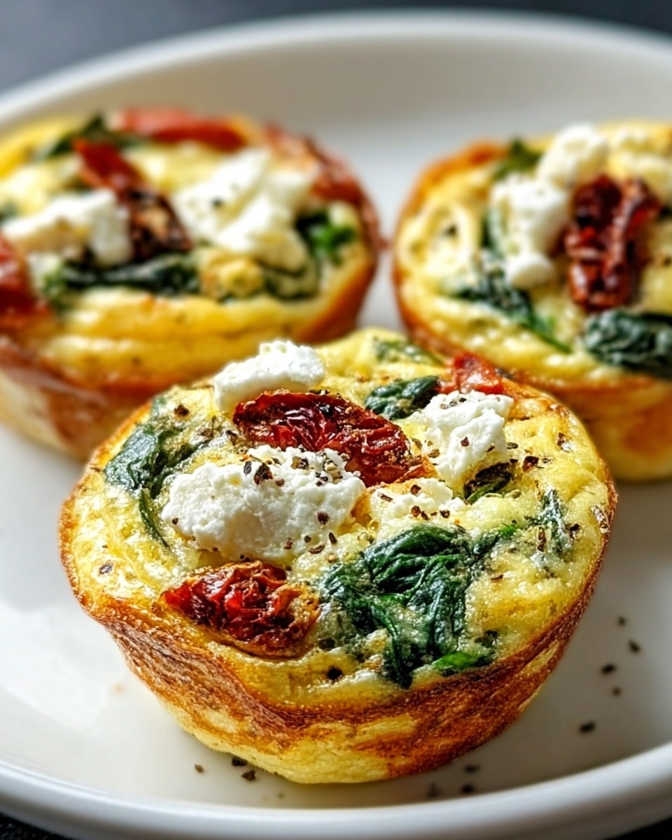 Three small, round egg muffins sit on a white plate with a white marbled texture underneath. Each muffin has a golden brown, crispy outside layer forming the crust. Inside, the filling shows a bright yellow base of cooked eggs. On top, there are pieces of dark green spinach leaves and small dollops of white cheese spread unevenly. There are also chunks of red sun-dried or roasted tomatoes adding extra color. The muffins have slightly raised edges and a soft-looking center, arranged close to each other with one in clear focus in the front. Photo taken with an iphone --ar 4:5 --v 7