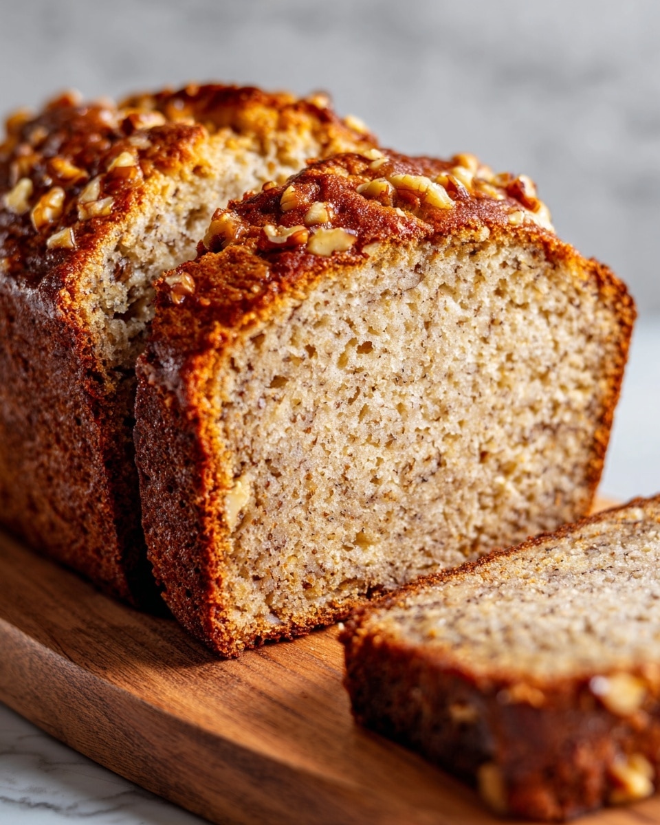 A close-up view of a sliced banana nut bread loaf resting on a wooden board, showing a thick layer of golden brown crust on top with a moist, light tan crumb speckled with pieces of chopped nuts throughout. The top surface has a slightly rough texture with caramelized spots and visible nut pieces embedded, creating an inviting, rustic look. The background features a white marbled texture, enhancing the warm colors of the bread. photo taken with an iphone --ar 4:5 --v 7