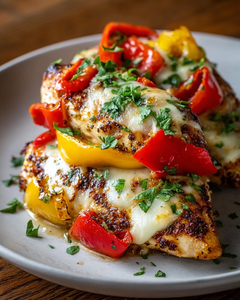 The dish shows three pieces of grilled chicken breast stacked on a white plate, each topped with melted white cheese that is golden and slightly bubbly. On top of the cheese, there are slices of bright red and yellow bell peppers arranged in layers, adding vibrant color. The chicken has a slightly crispy, browned texture with visible pepper and seasoning. Fresh green chopped herbs are sprinkled on top, adding a touch of freshness and contrast. The plate sits on a wooden surface. photo taken with an iphone --ar 4:5 --v 7