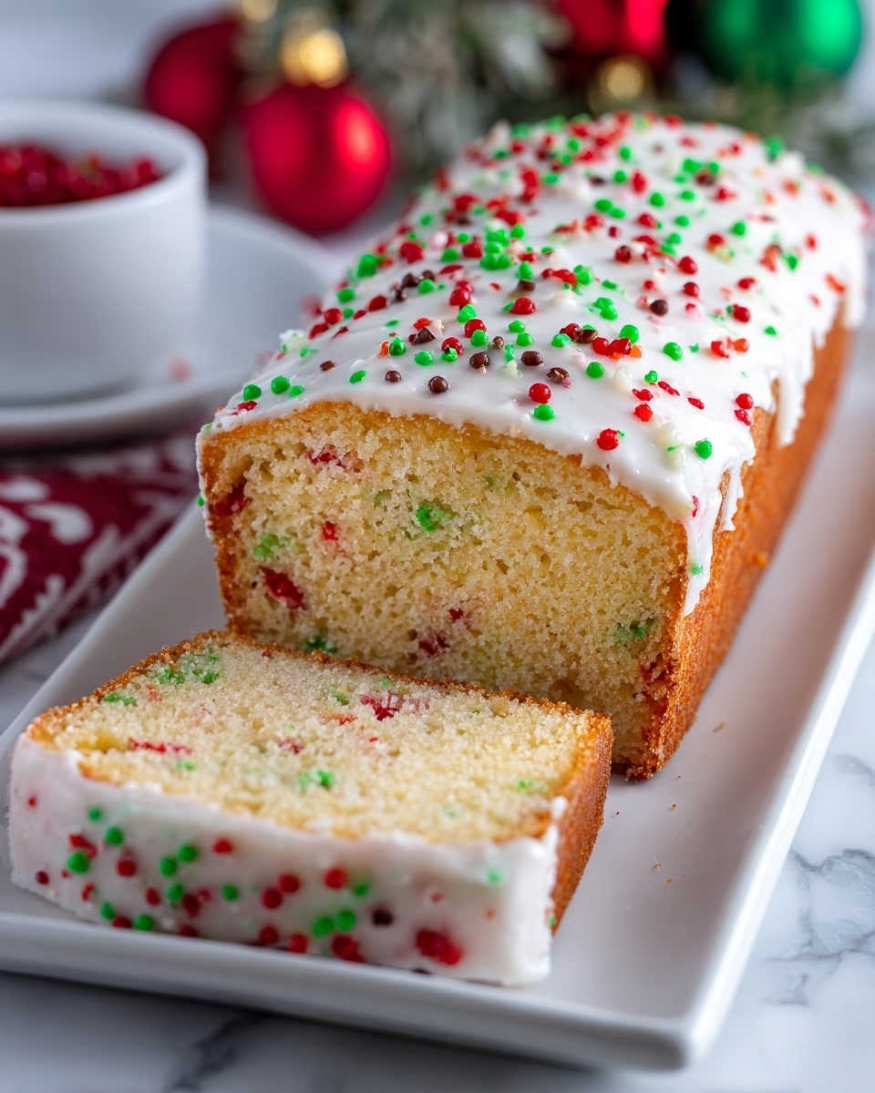 A loaf cake on a white rectangular plate sits on a white marbled surface with Christmas decorations blurred in the background. The cake has one visible slice cut, showing a soft, light yellow inside speckled evenly with small red and green bits. The top layer is thick white icing spread over the entire loaf, covered with small red, green, and brown round sprinkles that add color and texture. The cake crust is a golden brown color, smooth and firm, wrapping the moist crumb inside. Photo taken with an iphone --ar 4:5 --v 7