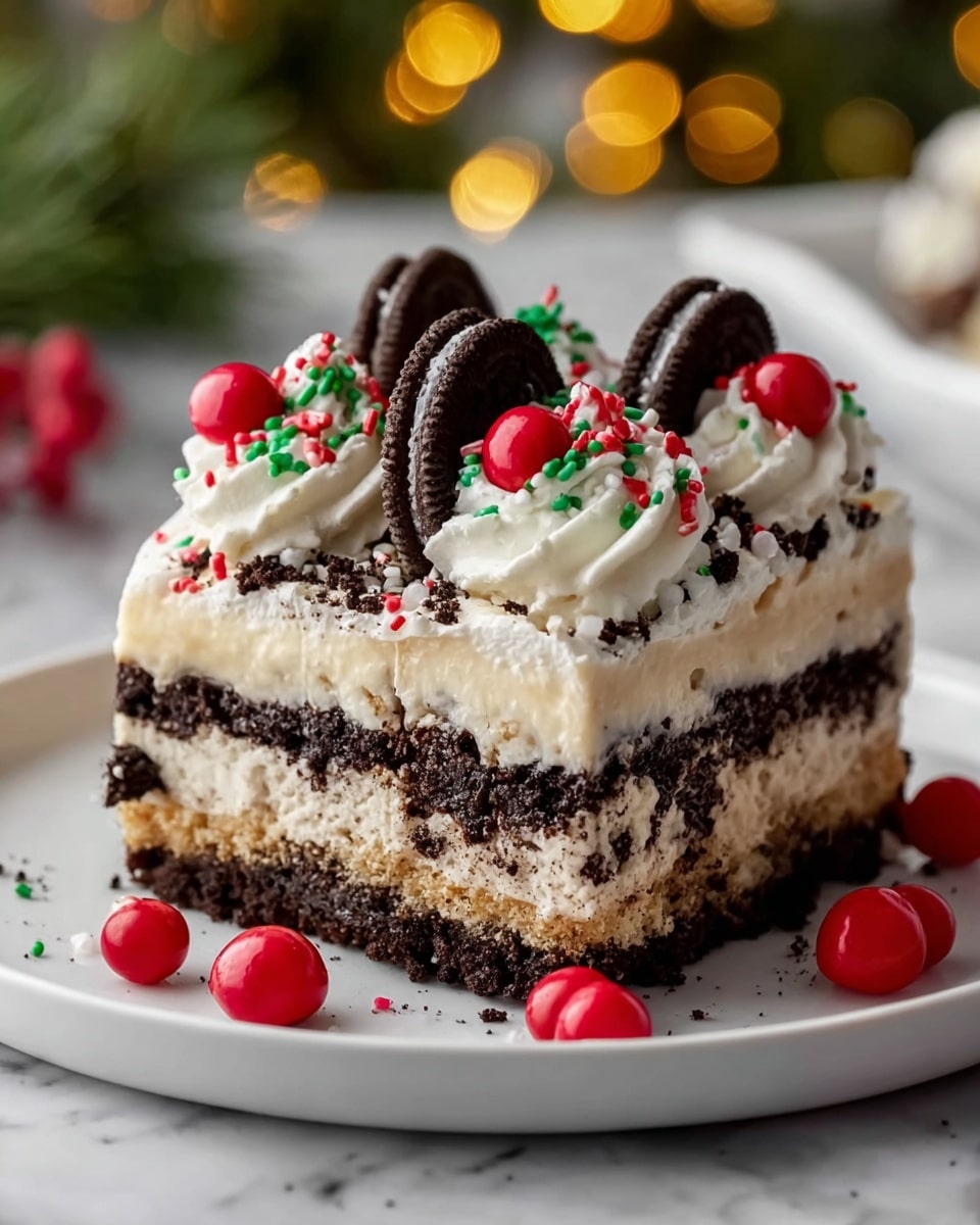 A square slice of layered dessert sits on a white plate with a few red candy balls scattered around its base. The dessert has three clear layers: a dark chocolate crumb base, a thick cream layer mixed with cookie crumbs in the middle, and a thick light cream layer on top. On the top layer, there are dollops of whipped cream decorated with red and green sprinkles, three whole dark chocolate cookies standing upright, and red candy balls nestled between the whipped cream swirls. The background shows soft golden lights and blurred greenery, all set on a white marbled surface. Photo taken with an iphone --ar 4:5 --v 7