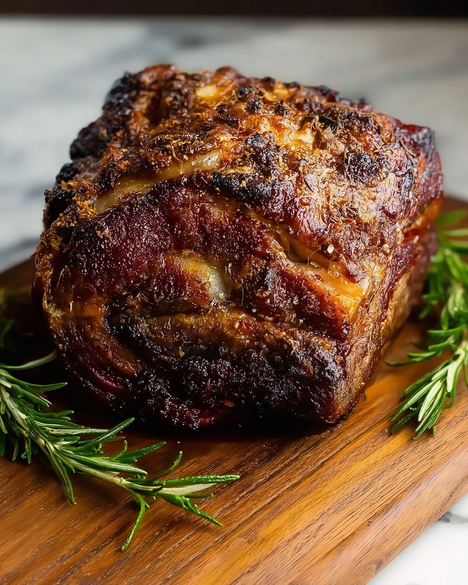 A large piece of roasted meat with a dark brown, charred crust covering most of its surface, showing a mix of crispy textures and juicy, tender areas beneath. The meat has several layers of rich brown, caramelized skin with golden highlights from cooked fat, and some rosemary sprigs underneath it for garnish. The roast sits on a wooden cutting board against a white marbled texture background, giving a rustic and warm feel. Photo taken with an iphone --ar 4:5 --v 7
