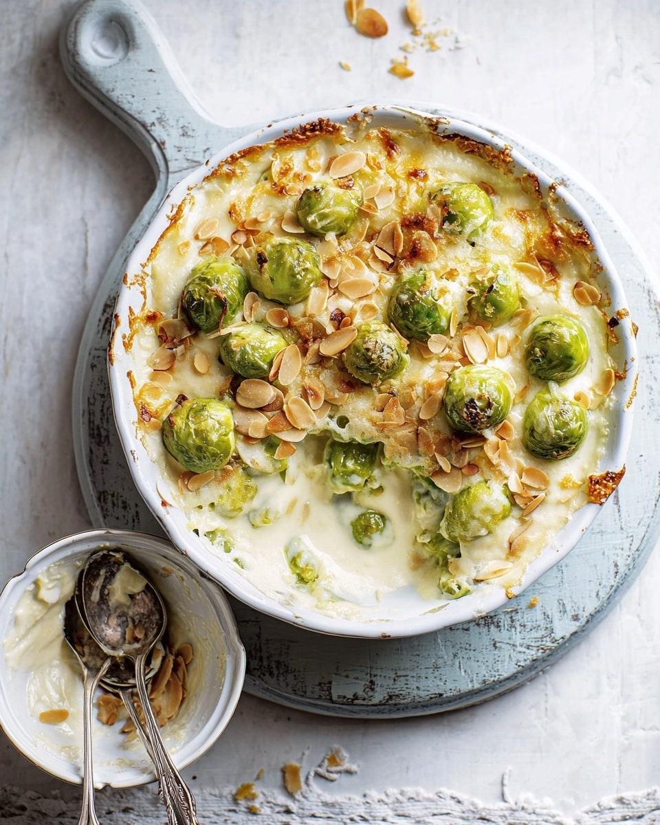 A white round dish filled with a baked casserole featuring a creamy pale yellow cheese sauce base layered with bright green Brussels sprouts evenly mixed in. The top layer is scattered with toasted almond slices that are golden brown and lightly crispy, adding texture. The edges of the dish show a slightly browned, melted cheese crust, giving a warm and savory appearance. The dish rests on a turquoise trivet placed on a white marbled surface, with two vintage silver spoons, each holding a scoop of the creamy mixture, positioned next to the dish. Photo taken with an iphone --ar 4:5 --v 7