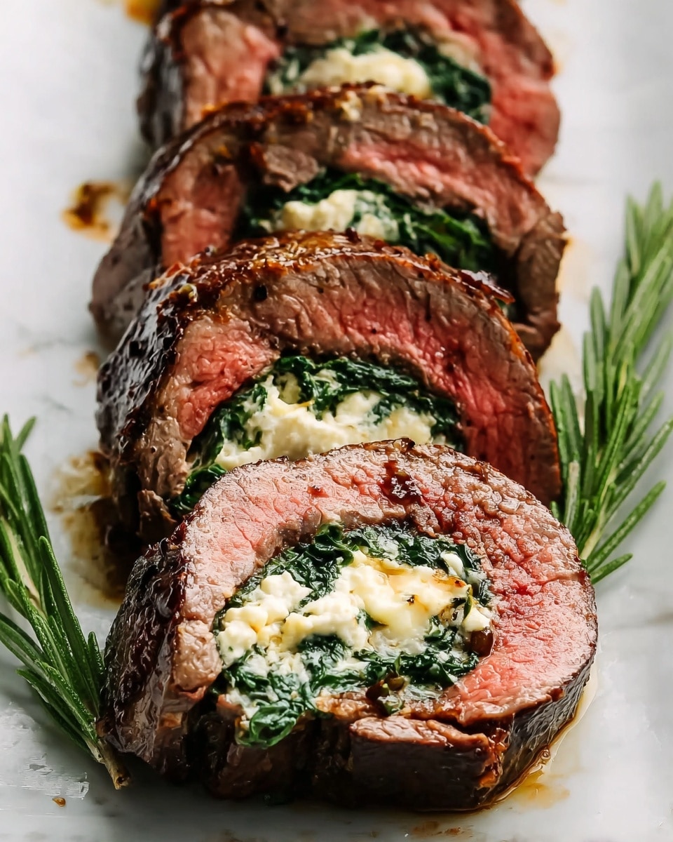 A close-up view of four slices of stuffed beef arranged in a row on a white plate with a white marbled surface. Each slice has three layers: the outer layer is dark brown grilled beef with a seared texture; the middle layer is pink and tender cooked beef; the innermost layer is a mix of bright green spinach and creamy white cheese with slight browning on top. Fresh green rosemary sprigs are placed beside the slices, adding color contrast. The focus is on the front slice showing juicy details and slight shine from beef juices. Photo taken with an iphone --ar 4:5 --v 7