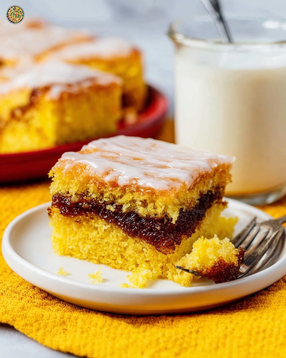A close-up image shows a square piece of orange-yellow cake with two thick layers separated by a thin, darker brown filling. The top layer is covered with a thin, shiny white glaze. The cake piece is being lifted by a woman’s hand holding a teal spatula above a white baking dish with a red rim, filled with more pieces of the same cake. In the background, there are blurred orange fruits, and the surface underneath is changed to a white marbled texture. photo taken with an iphone --ar 4:5 --v 7