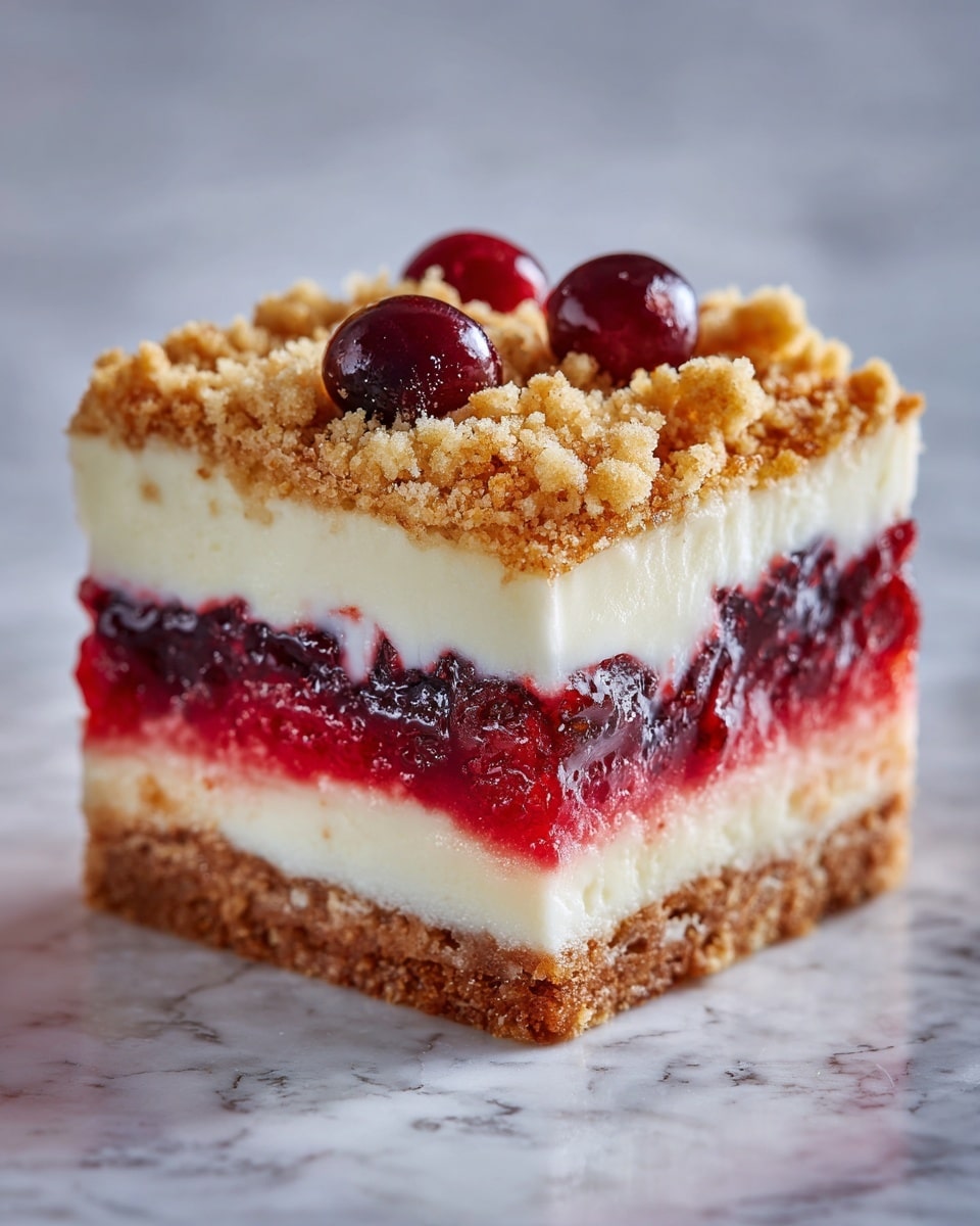 The image shows two square cherry crumble bars stacked on top of each other on a white plate. Each bar has three layers: the bottom layer is a golden brown crumbly crust, the middle layer is a bright red cherry filling with whole cherries visible, and the top layer is a light, fluffy crumb topping with light golden spots. The cherry filling looks juicy and slightly glossy, with some dripping down the sides. The background is a white marbled surface. Photo taken with an iphone --ar 4:5 --v 7