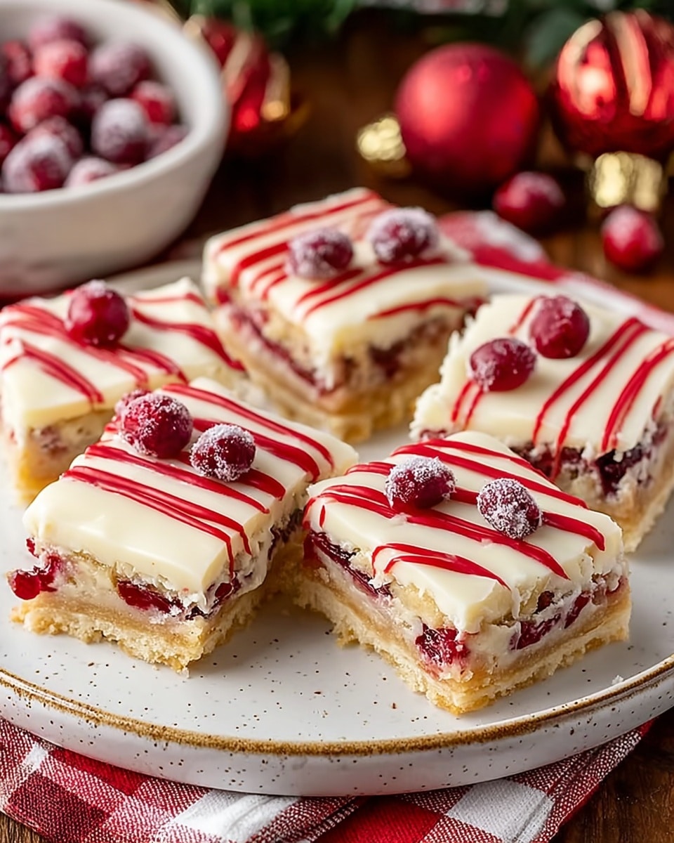 The image shows six square slices of a layered dessert arranged neatly on a white plate with a slight speckled texture and a thin gold rim. Each slice has three visible layers: a golden brown crust at the bottom, a light creamy middle layer with pieces of cranberry visible inside, and a top layer covered with thick white icing dripping down the sides. Bright red drizzle lines run horizontally on top of the white icing, with small red berries placed on top of some slices. The plate sits on a wooden surface with a red and white checkered cloth partially under it, and red holiday ornaments can be seen softly out of focus in the background, all placed on a white marbled texture. photo taken with an iphone --ar 4:5 --v 7