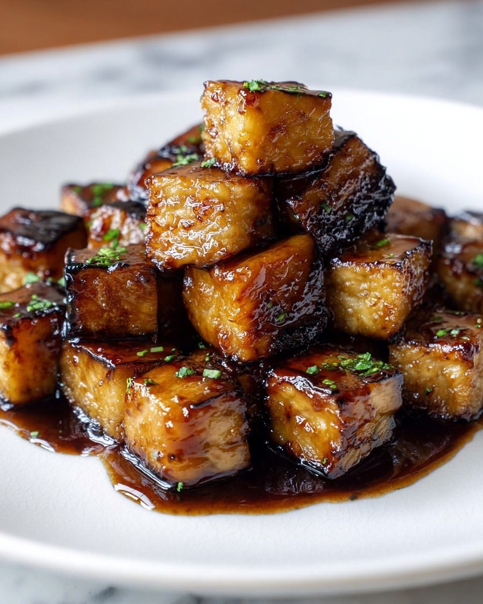 The image shows a white plate filled with golden brown cubes of cooked eggplant, each piece glistening with a shiny dark brown sauce that looks thick and sticky. The eggplant cubes have visible charred edges and a soft, slightly textured inside with bits of green herbs scattered lightly on top. The cubes are stacked in a small mound in the center of the plate, with sauce pooling around them. The background is a white marbled texture. photo taken with an iphone --ar 4:5 --v 7