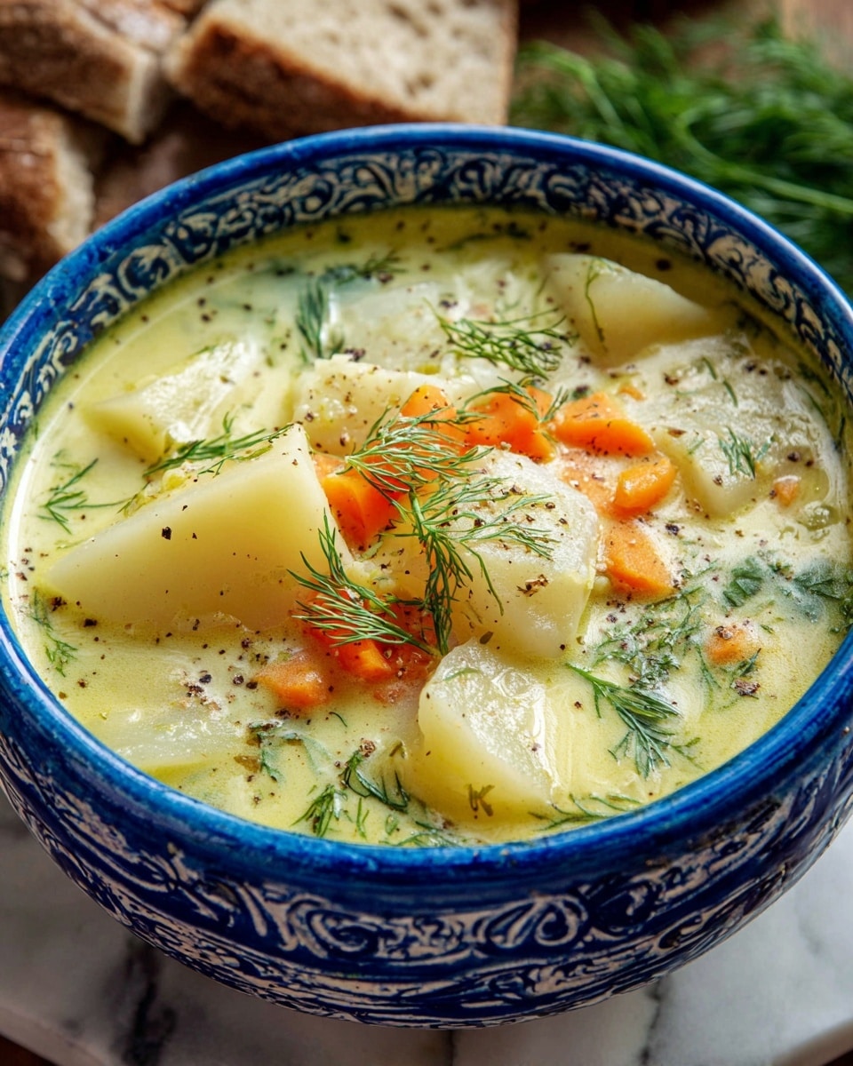 A close-up of a blue and white patterned bowl filled with creamy soup showing three clear layers: the bottom is a pale yellow-green broth with visible dill leaves floating throughout, the middle layer consists of thick white potato chunks mixed with some small orange carrot shreds, and the top is garnished with sprigs of fresh dill and a light sprinkle of black pepper. The bowl sits on a white marbled texture with some bread pieces and fresh dill in the background. photo taken with an iphone --ar 4:5 --v 7