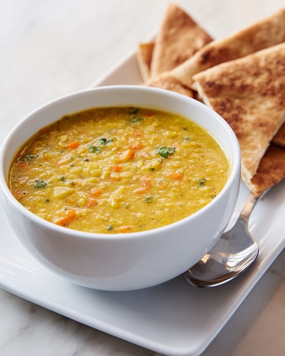 A white bowl filled with thick yellow lentil soup that has visible small pieces of orange carrot and green herbs mixed in, showing a slightly chunky texture; the bowl sits on a white rectangular plate that also holds several triangular pieces of toasted flatbread, arranged in a small pile to the side; the setting is a smooth white marbled surface with a silver spoon placed near the bowl. photo taken with an iphone --ar 4:5 --v 7