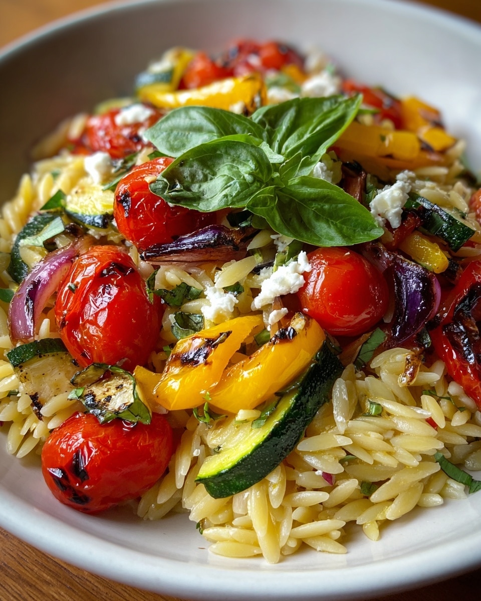 This dish is served in a white bowl filled with a layer of glossy, golden orzo pasta as the base. On top, there is a colorful mix of charred vegetables including bright red cherry tomatoes, yellow bell pepper chunks, green zucchini slices, and reddish-purple onion pieces, all slightly grilled with a textured surface. Scattered among the vegetables are small white crumbles of cheese and a garnish of fresh, vibrant green basil leaves placed on top, adding a touch of freshness and color contrast. The whole dish is vibrant, warm, and inviting, captured clearly with close detail. Photo taken with an iphone --ar 4:5 --v 7
