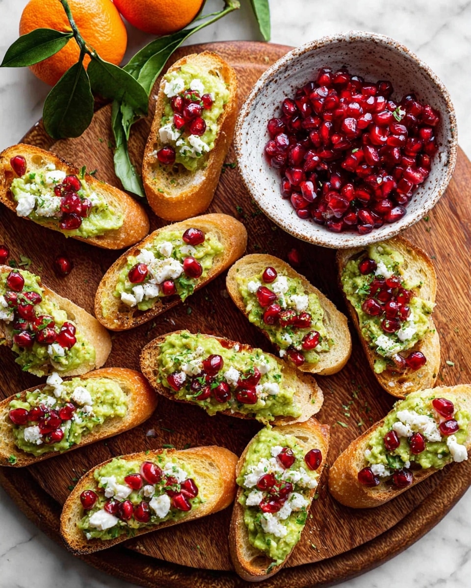 The image shows several slices of toasted bread arranged on a wooden board. Each slice is topped with a spread of bright green mashed avocado, a layer of shiny deep red pomegranate seeds, and sprinkled with small white crumbles of cheese. Some slices also show tiny bits of diced onion and orange zest adding extra color. To the side, a white bowl with brown speckles is filled with more pomegranate seeds. The overall look is colorful and fresh with the toasted golden brown bread base, vibrant green avocado in the middle, red pomegranate seeds on top, and white cheese accents. photo taken with an iphone --ar 4:5 --v 7