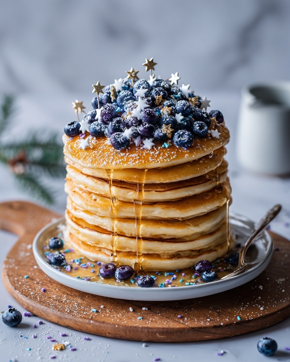 A tall stack of fluffy brown pancakes sits on a white plate, with smooth layers lightly covered in syrup dripping down the sides. On top of the stack, there is a thick layer of fresh blueberries mixed with small white star-shaped sprinkles. Some blueberries and syrup spill slightly over the edge onto the white marbled surface beneath the plate. A woman's hand with a fork is gently touching the pancakes from the side. In the background, there is a glass jar of syrup and more blueberries. Photo taken with an iphone --ar 4:5 --v 7