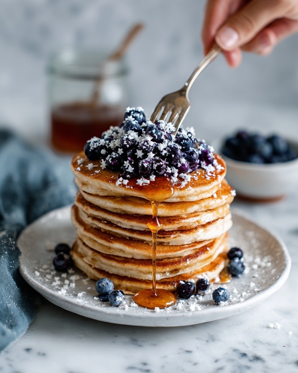 The image shows a tall stack of about eight golden-brown pancakes on a round white plate. Each pancake has a smooth and fluffy texture with visible syrup dripping down the sides. On top of the stack is a thick layer of fresh blueberries mixed with small white edible star-shaped sprinkles. More blueberries and sprinkles are scattered around the plate and wooden cutting board beneath it. The background is softly blurred with a white marbled surface under the board, and a woman's hand holding a spoon is reaching toward the plate. Photo taken with an iphone --ar 4:5 --v 7